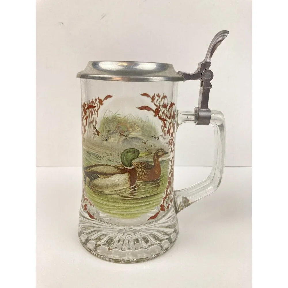 Set of 7 Vtg Glass Beer Stein Silver Top Colored Wildlife Forest Scene 6.5